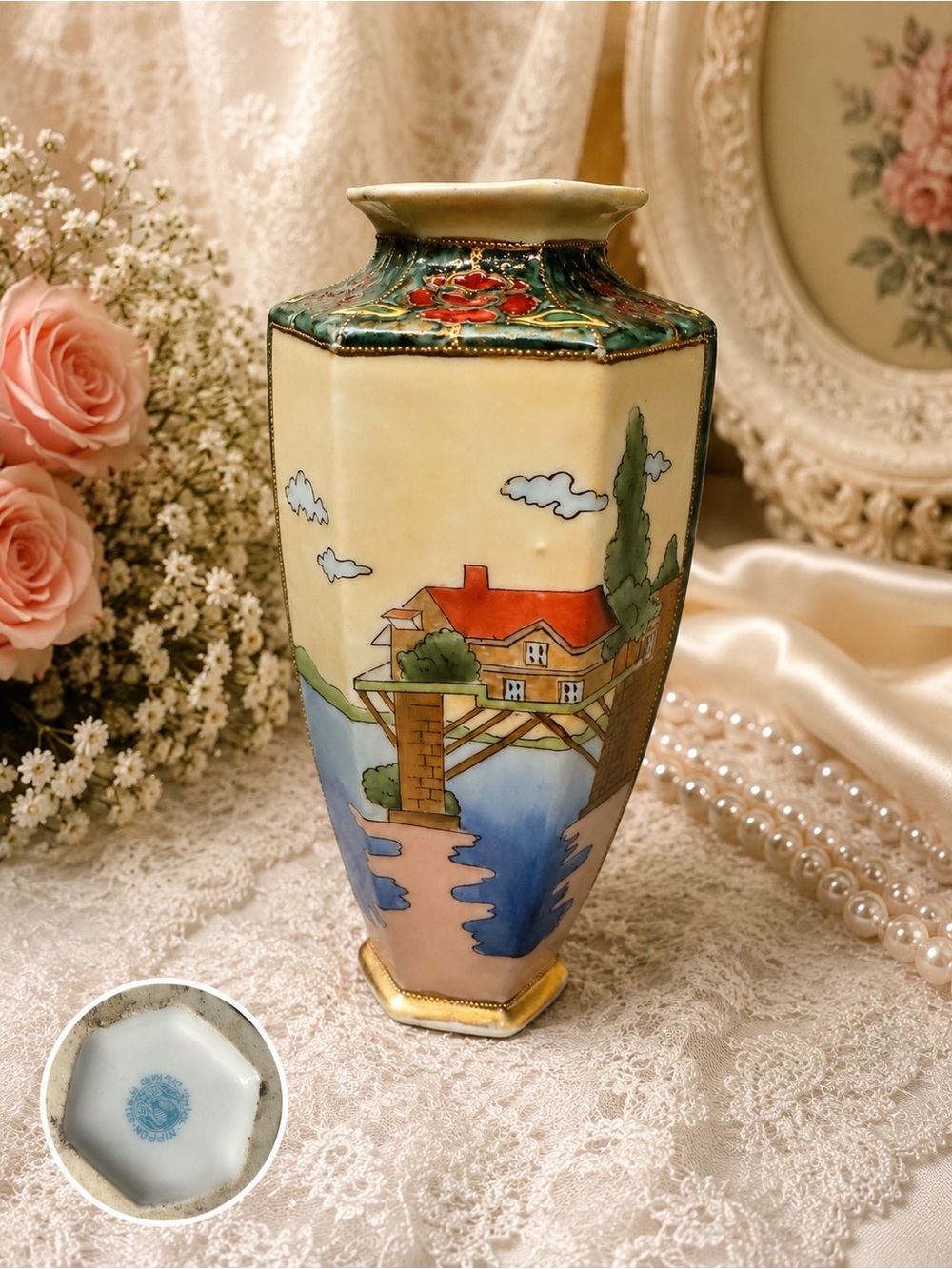 Antique Nippon Hand Painted Scenic Moriage Hexagonal Porcelain Vase Wreath Mark